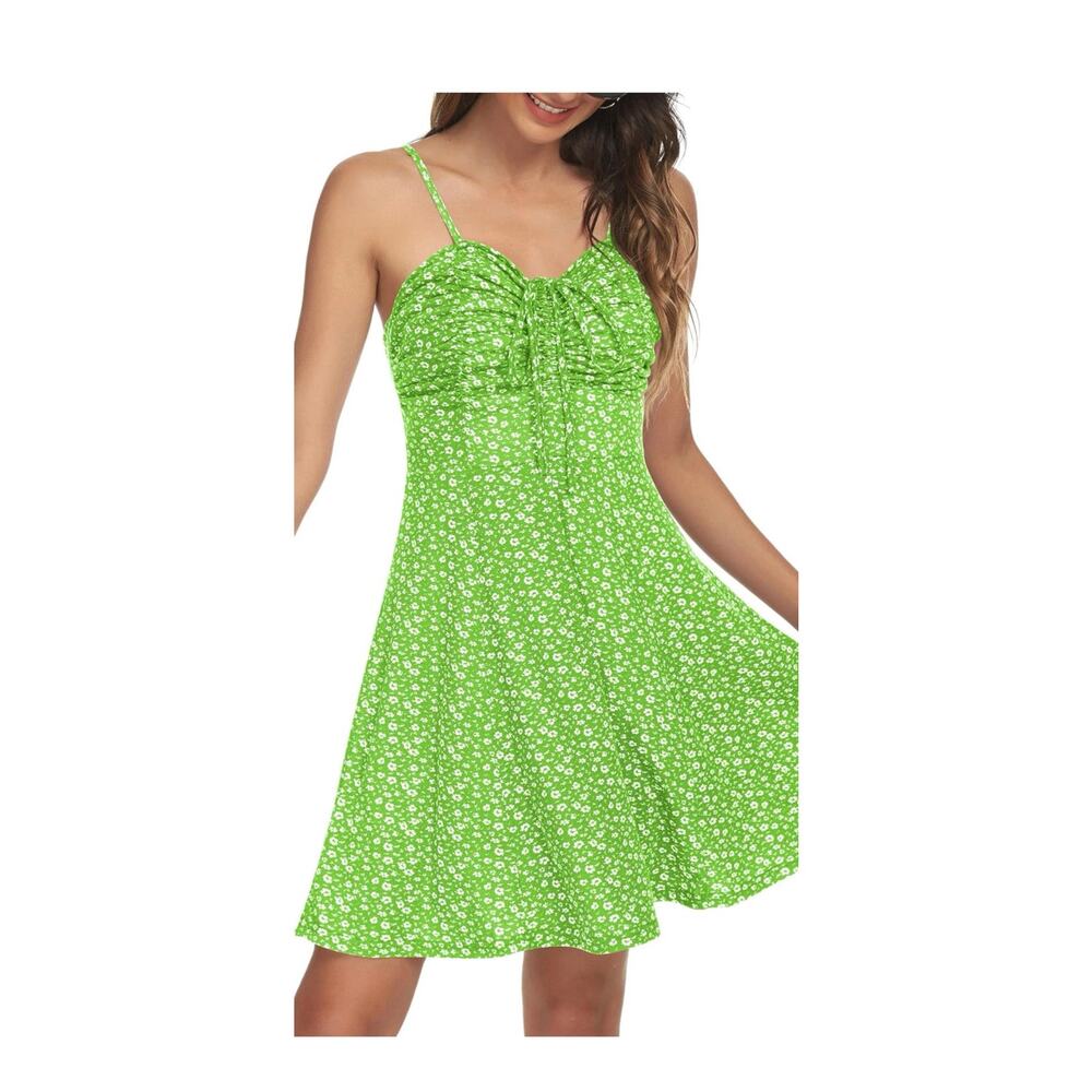 MISSUFE  FLORAL MINI DRESS WOMENS CASUAL RUCHED FRONT DRAWSTRING SUNDRESS XS